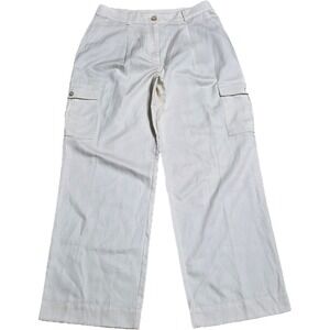 NWT LOFT Wide‎ Leg Cargo Pants Women's Size 8 White Cropped Linen Blend